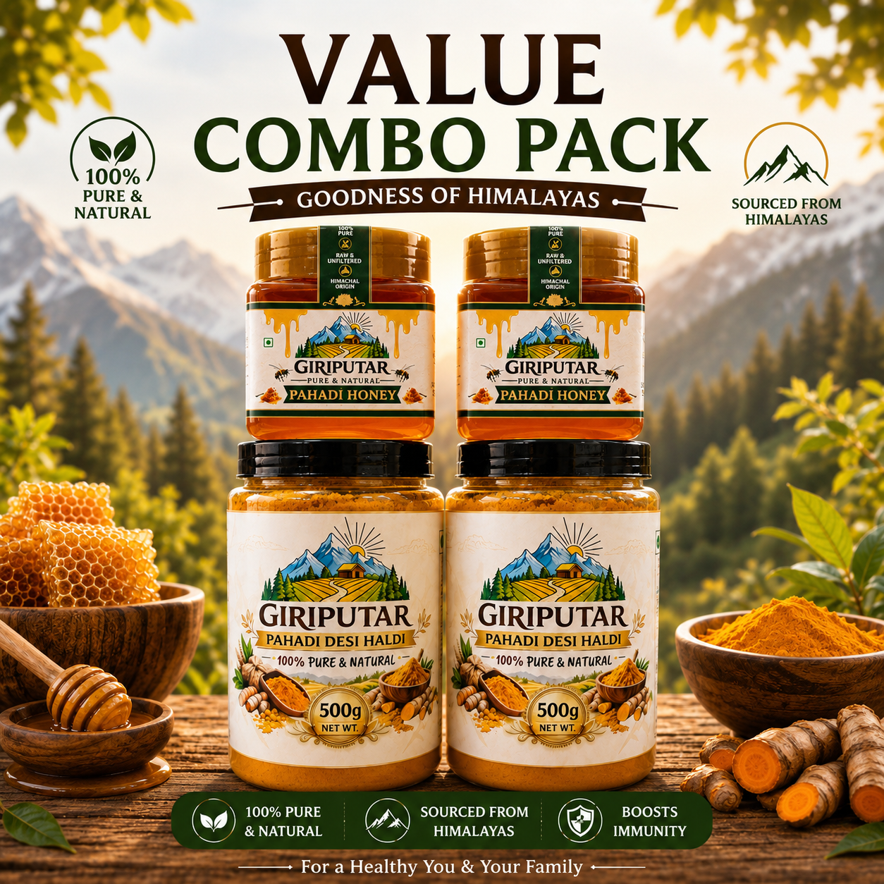 Value Combo Pack | 1kg Pahadi Desi Haldi + 1kg Pahadi Honey