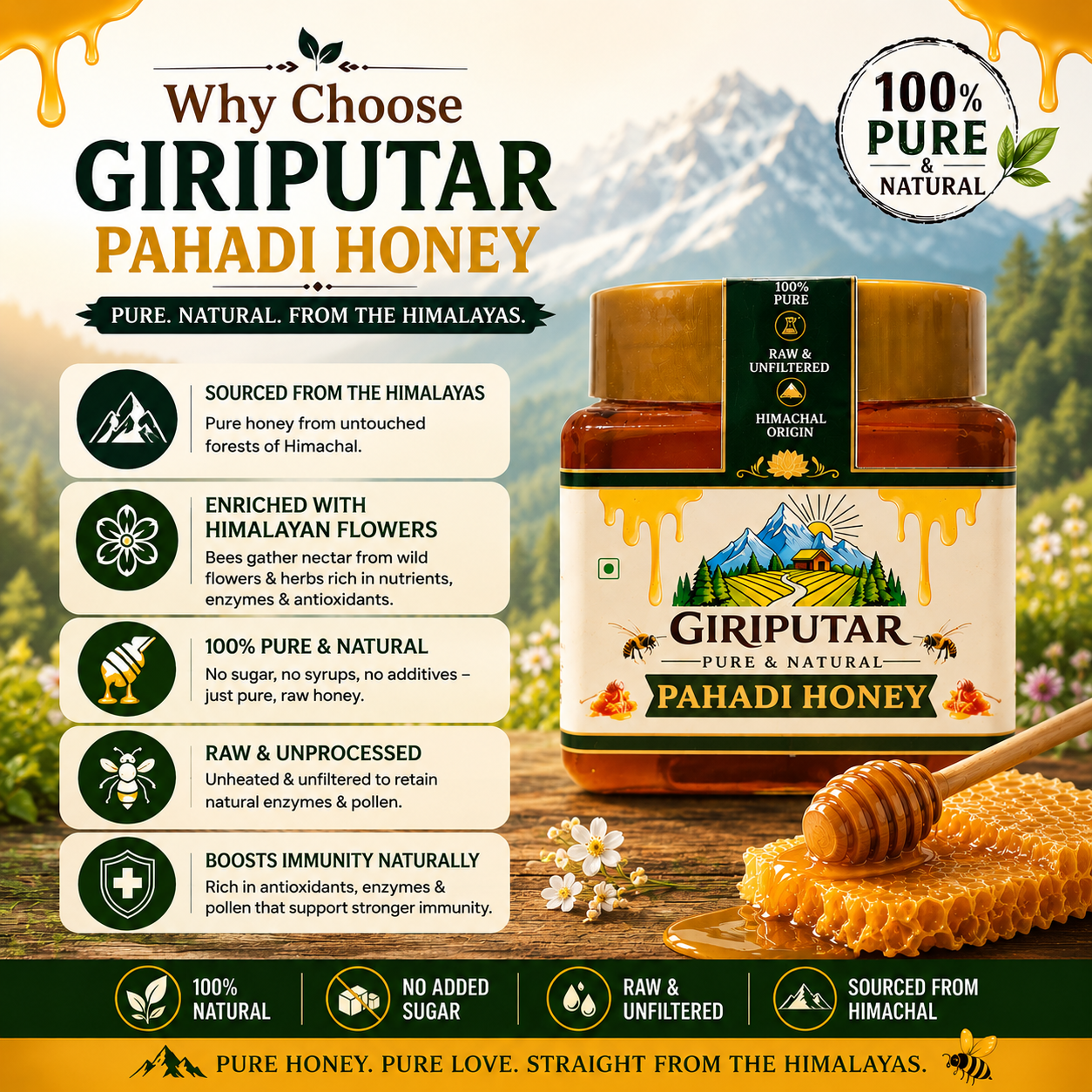 Giriputar Pahadi Honey | Raw & Unprocessed Himalayan Honey | 500g